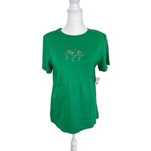 Coral Bay NWT Holiday Flamingo Green Sparkle Short Sleeved Shirt Sz Small